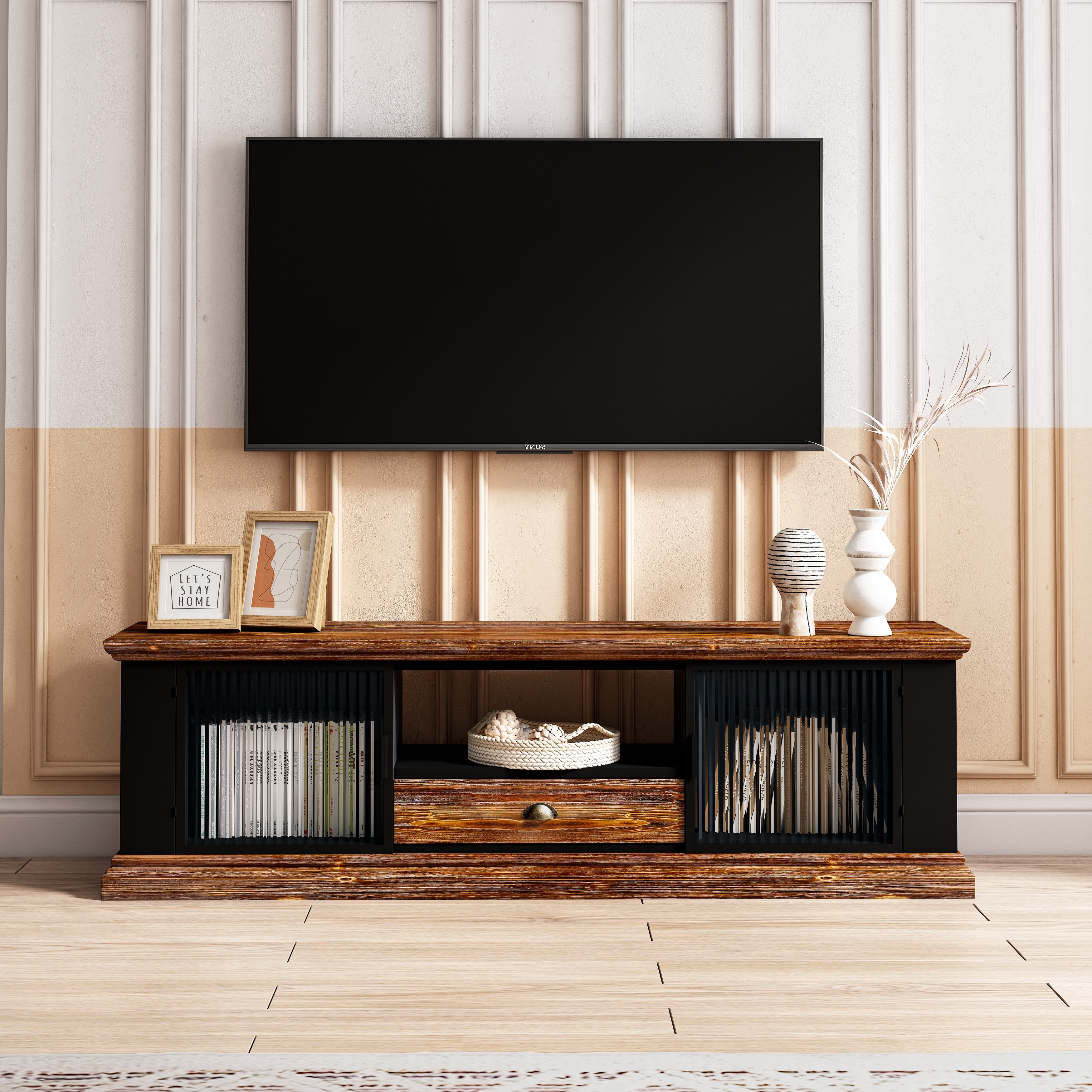 Retro Style TV Stand with Storage Cabinets \u0026 Drawer, Fir Wood/Iron Media Console  Table - Fashionable Design, Ample Storage - Bed Bath \u0026 Beyond - 39700467, image size:3500x3500