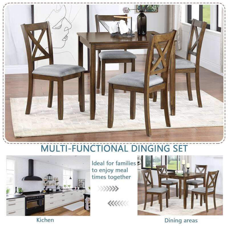 5 Piece Modern Dining Set, Square Wooden Dining Table with 4 Upholstered Chairs for Kitchen, Dining Room