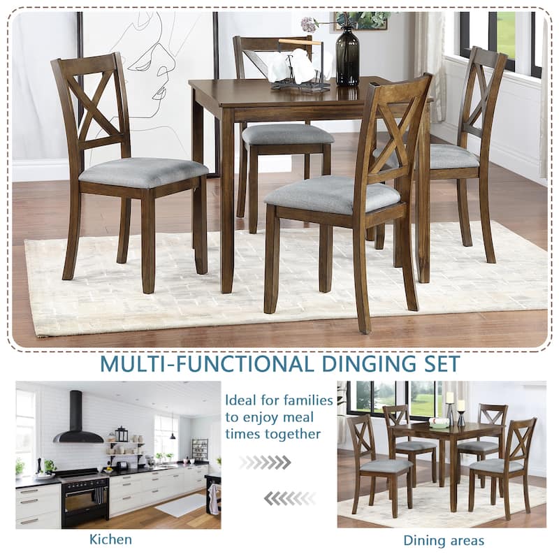 GDFStudio - Dunmore 5-Piece Farmhouse Wooden Square Dining Table Set with 4 Wooden Upholstered Dining Chairs