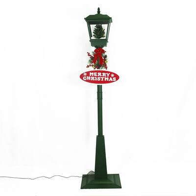 Christmas Time 71-In. Musical Snowy Street Lamp with Christmas Tree Scene, 2 Signs, Cascading Snow, and Holiday Songs, Green