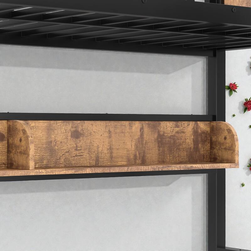 Space-Saving Metal Bunk Bed with Shelves, LED Strip Lighting, Guardrails and Woodgrain Panels, Multiple Size Options