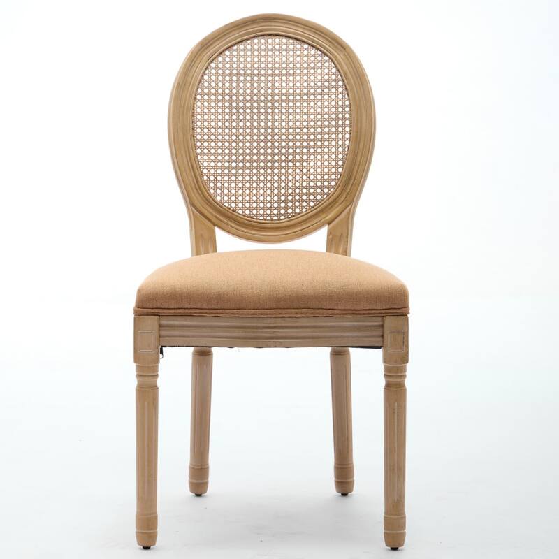 Set of 2 French Linen Upholstered Wood Dining Chairs with Rattan Back