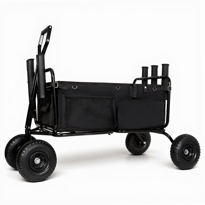 Fishing Cart Beach Cart Collapsible Wagon w/11'' All-Terrain Wheels for Sand, Heavy Duty Garden Cart with Rod Holders