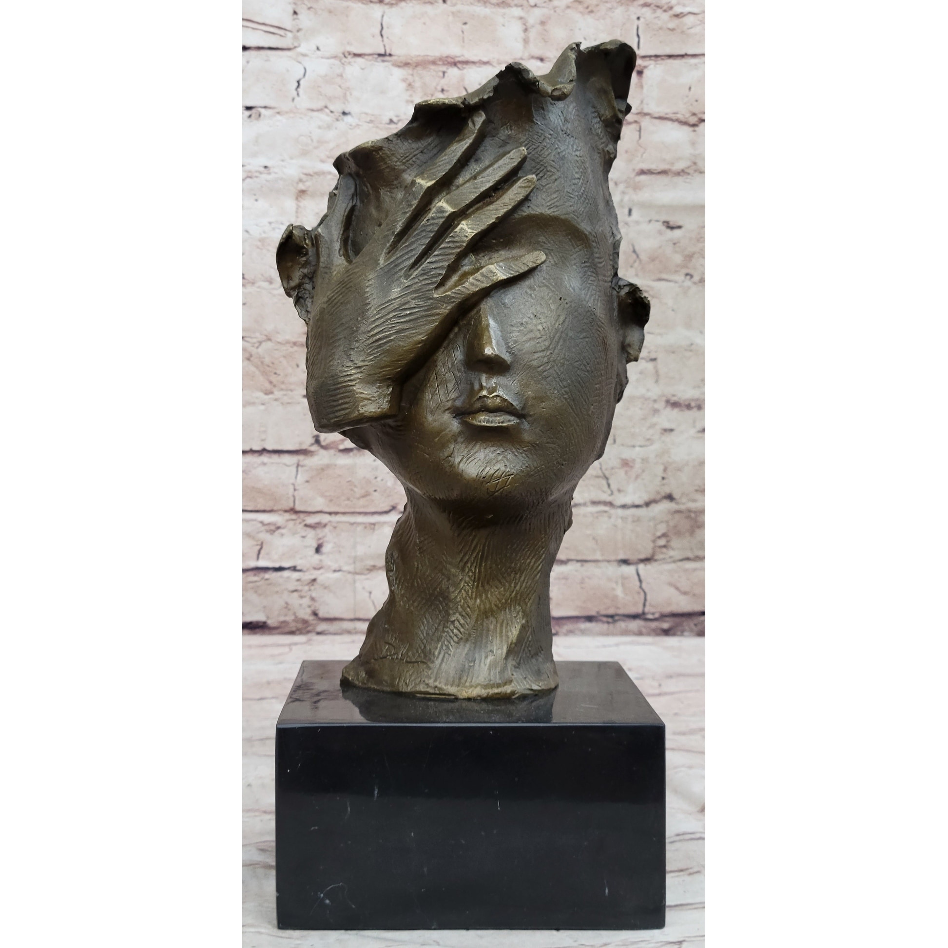 Abstract Surrealist Bust Sculpture Face W/ Hand Bronze Statue Decor Salvador Dali