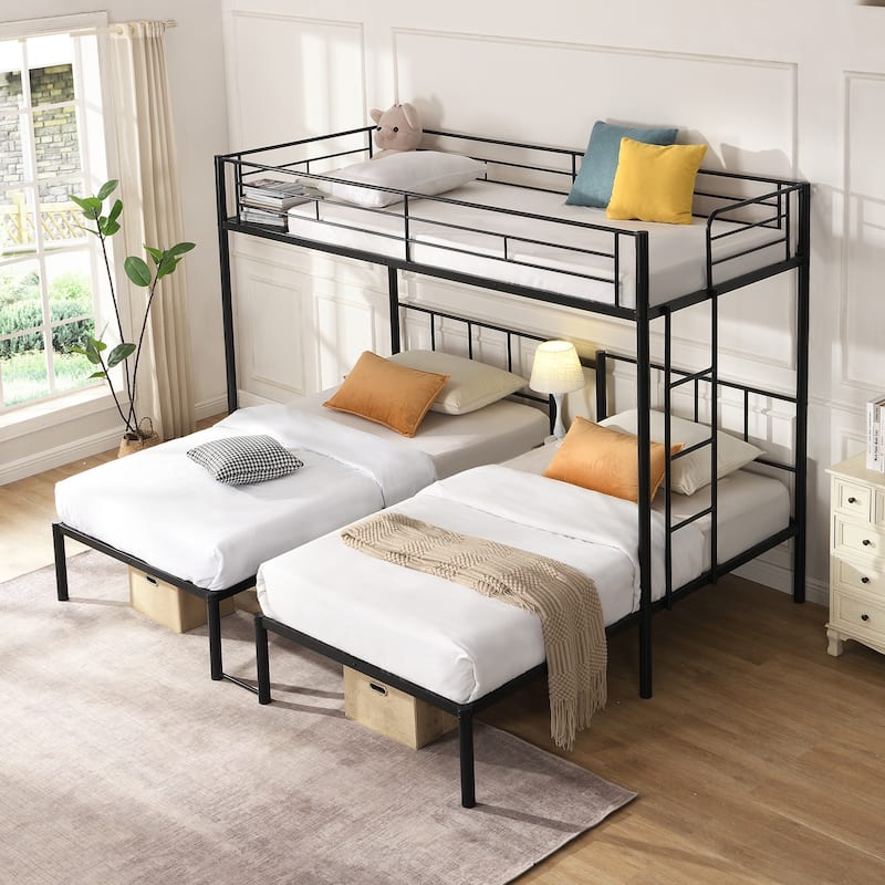 Twin Over Twin Over Twin Bunk Bed ,Triple Bunk Bed With a vertical ladder, Metal Frame Bunk Bed with Safety Rail