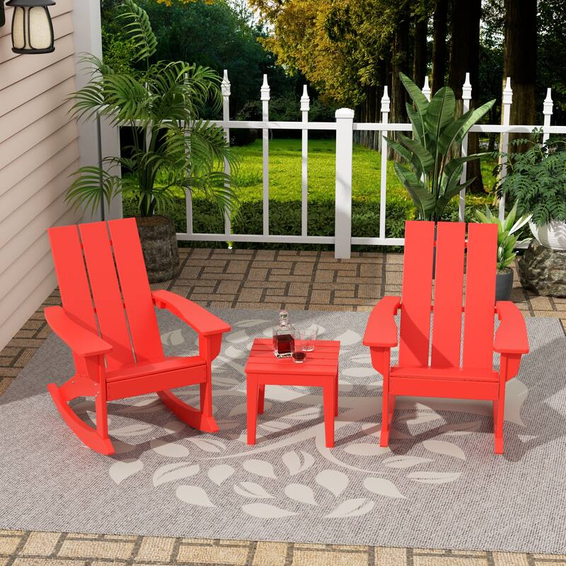 Shoreside Modern Eco-Friendly All Weather Poly Adirondack Rocking Chairs with Side Table (3-Piece Set) - Red