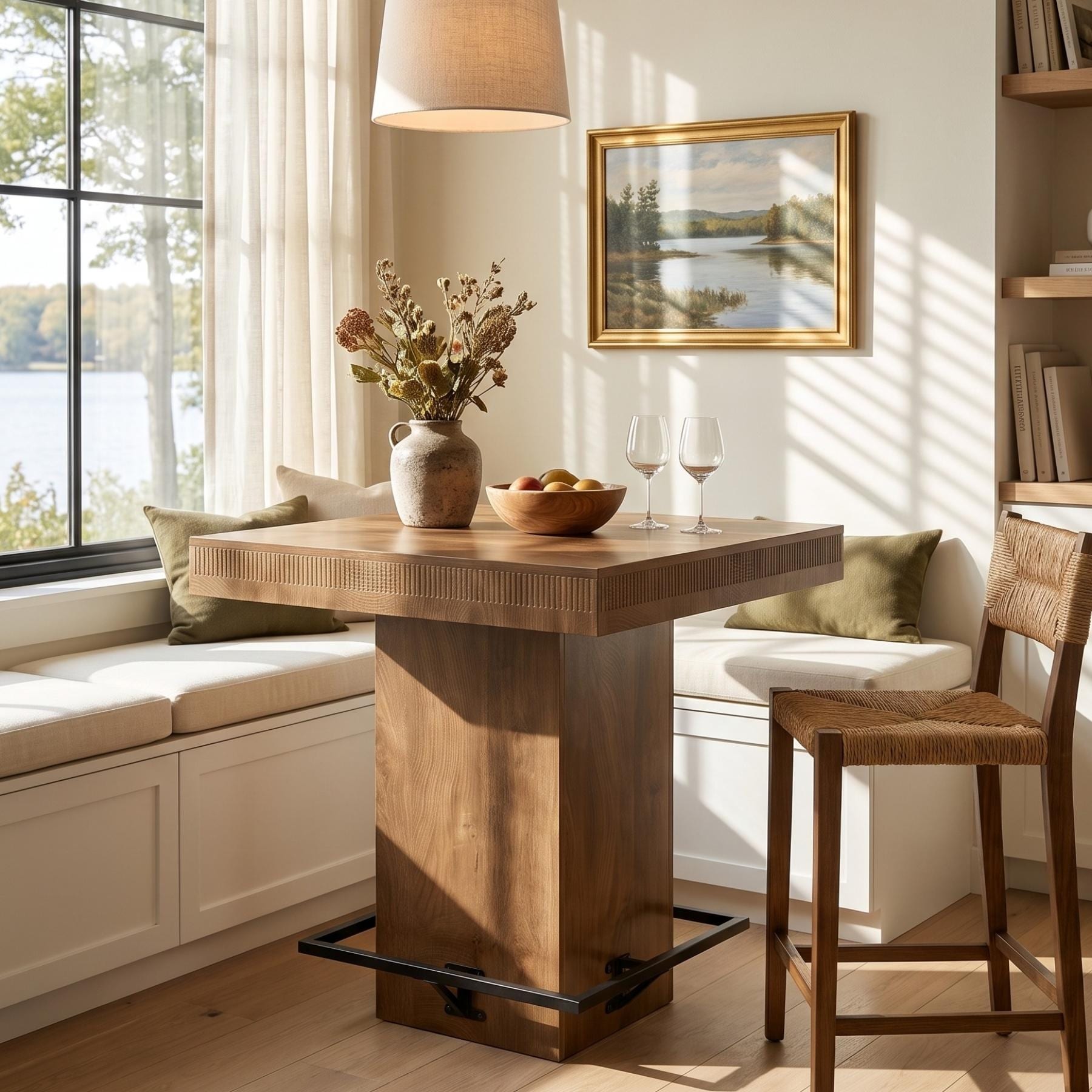 31.5" Square Counter Height Dining Table for 2, Farmhouse Bar Table with Metal Footrest for Kitchen, Breakfast Nook