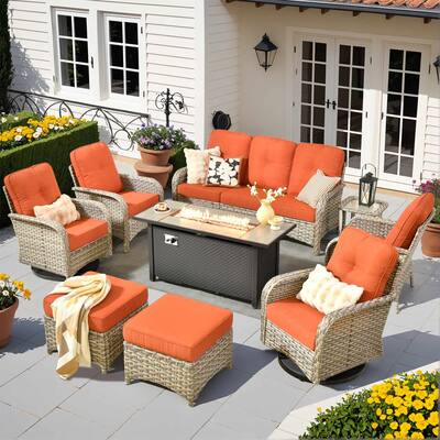 HOOOWOOO 9-piece Outdoor Wicker Patio Furniture Swivel Rocking Chair Set with Fire Pit