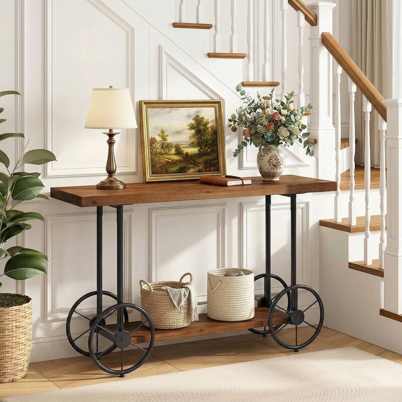 2-tier Solid Wood Console Sofa Table with Storage Shelves