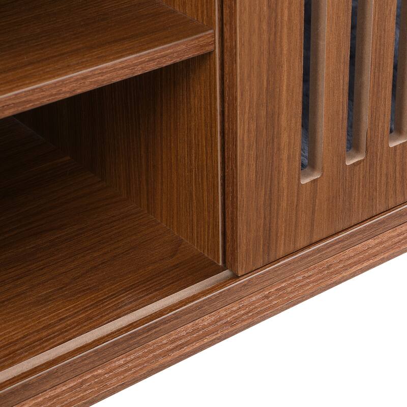 TV Stand with Slatted Doors, Cat-Friendly Private Compartments, Wood Media Console with Adjustable Length
