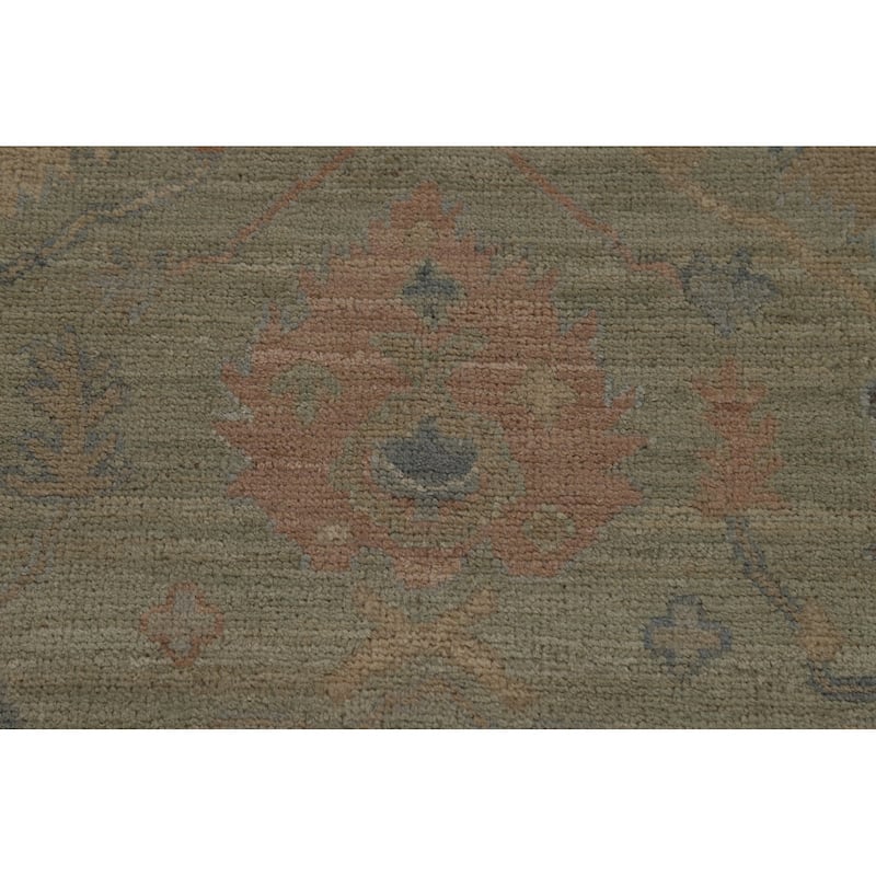 Vegetable Dye Green Oushak Turkish Runner Rug Handmade Wool Carpet - 3'2" x 12'0"
