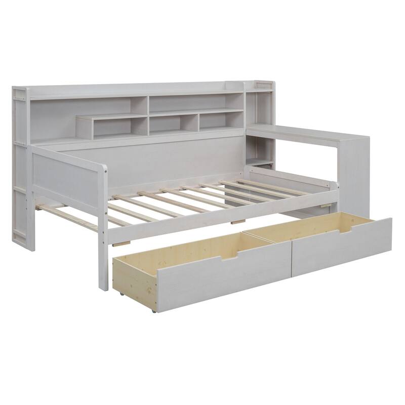 Wooden sofa bed with two storage drawers and desk