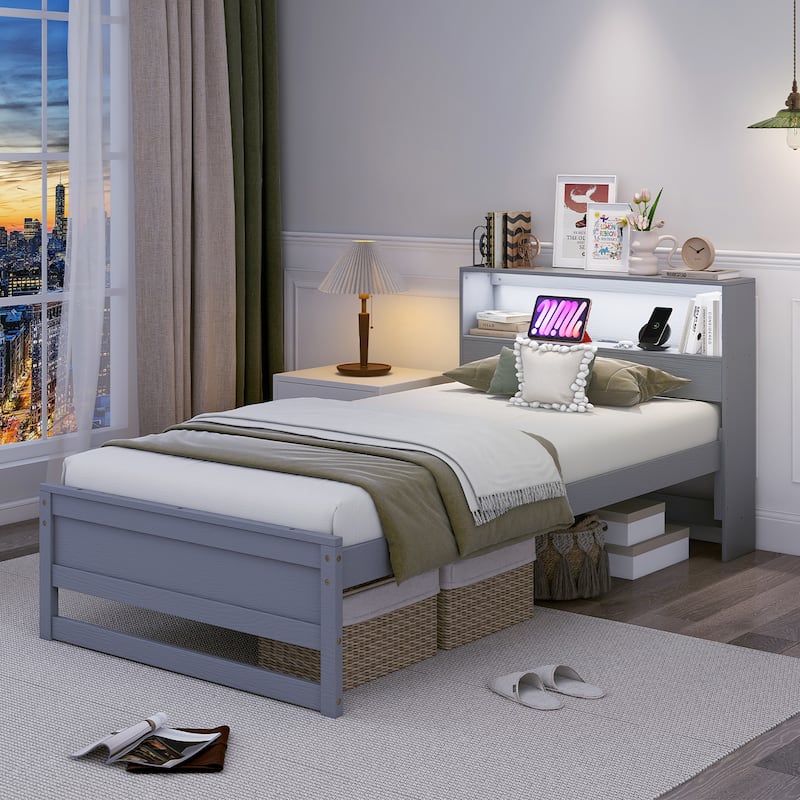 Gymax Twin Size Wooden Bed Frame w/ Charging Station & LED Light