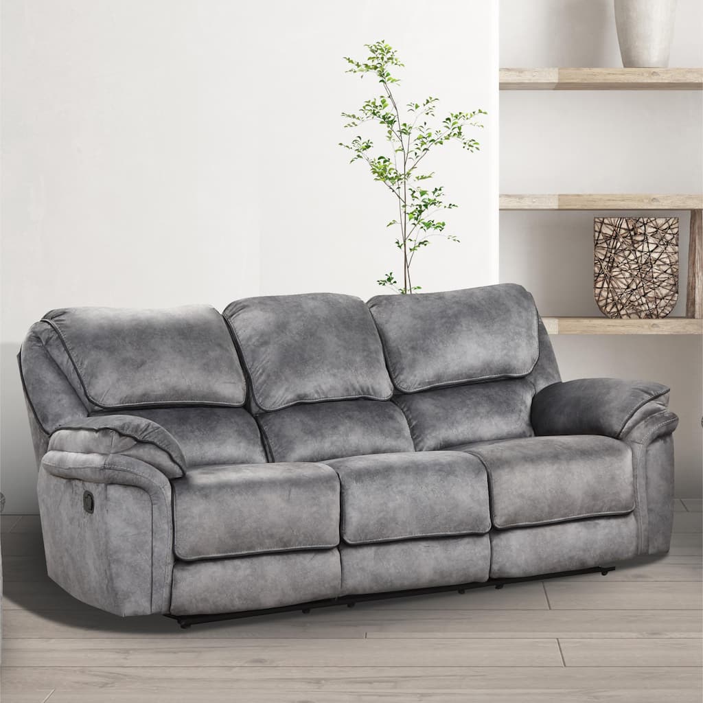 Rory Gray Manual Microsuede Reclining Sofa with Drop Down Power Outlet and Cup Holders