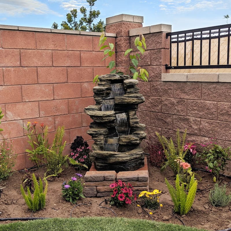 Stacked Shale Outdoor Water Fountain Backyard Feature w/ LEDs - 38"