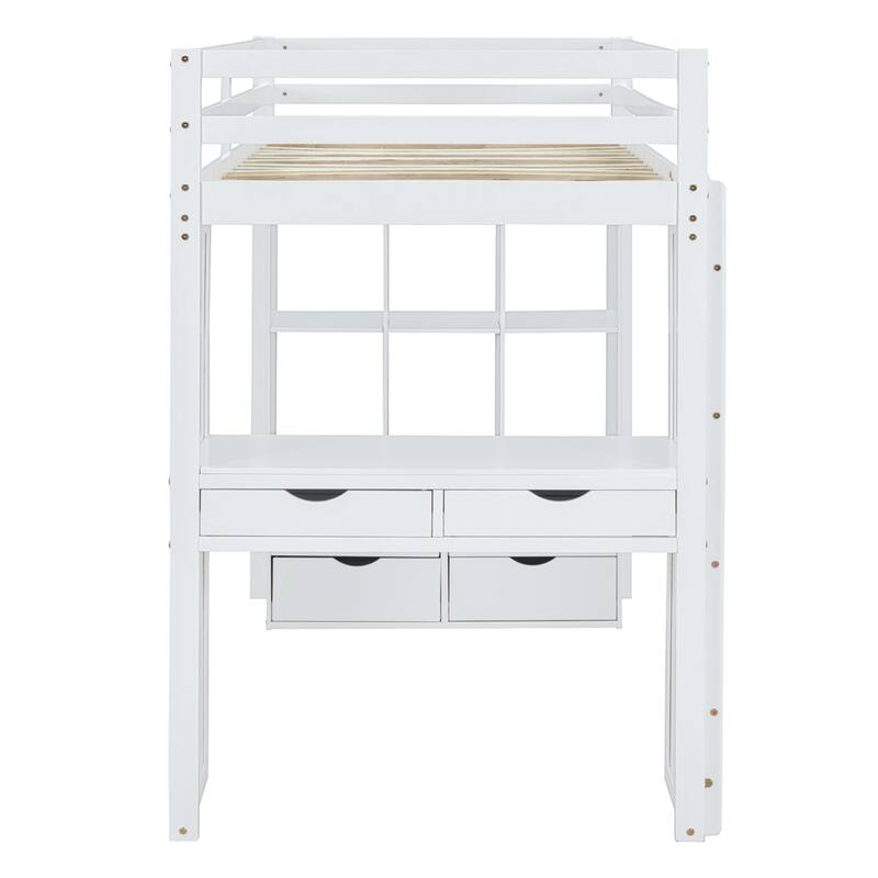 Twin Size Loft Bed with Large Shelves, Writing Sesk and LED Light