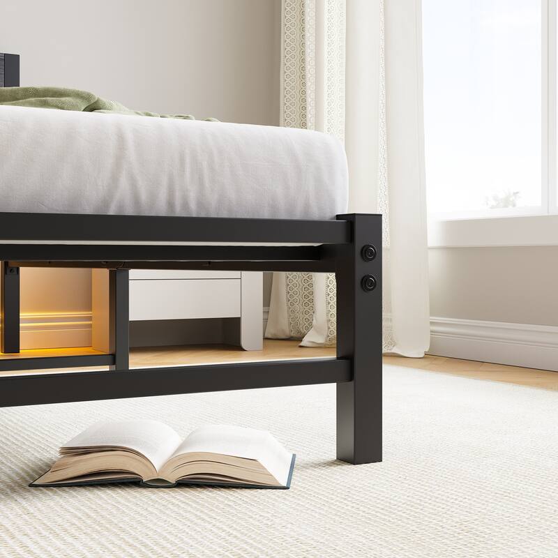 Modern Metal Bed with Wooden Headboard, RGB Lights & Storage Shelf