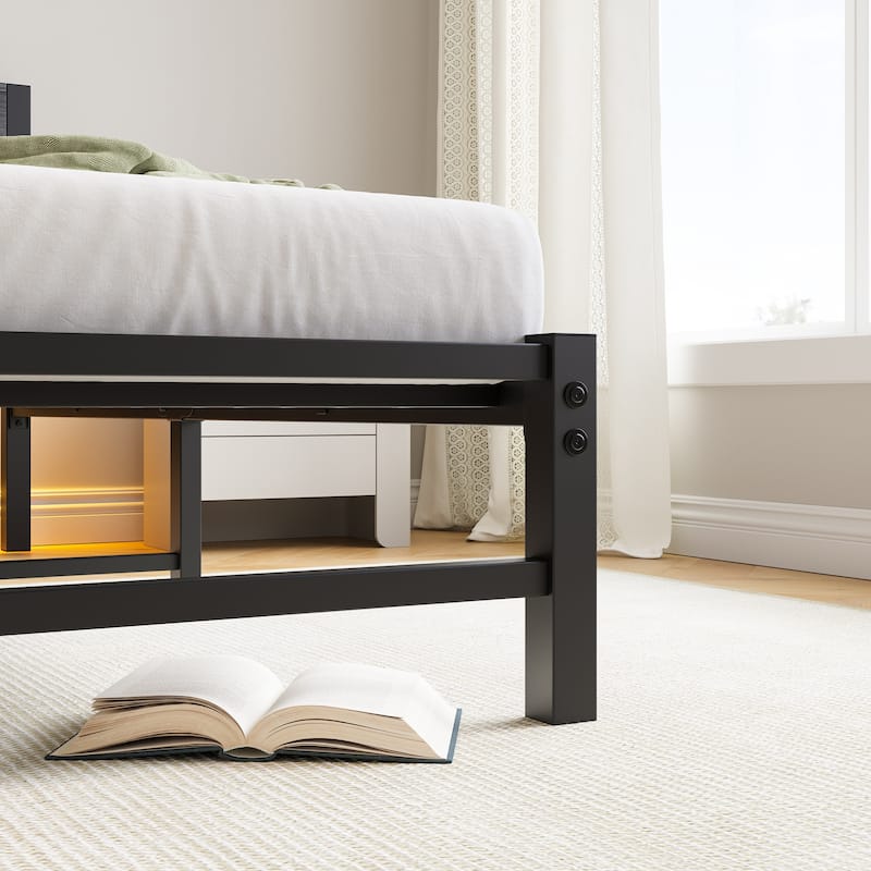 Modern Metal Bed with Wooden Headboard, RGB Lights