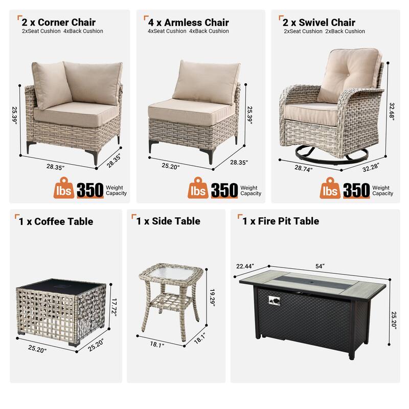 OVIOS 11 Pieces Outdoor Wicker Swivel Chair Set With Fire Table