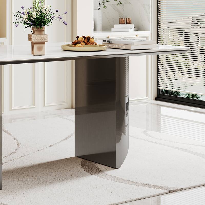 0.47" Thick Sintered Stone Composite Tempered Glass Top Dining Table with Stainless Steel Base