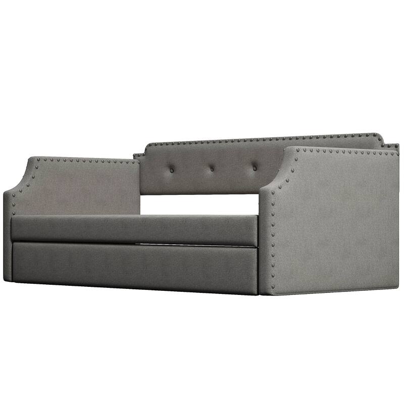 Twin Upholstered Daybed with Trundle and Nailhead Trim, Wood Slat Support