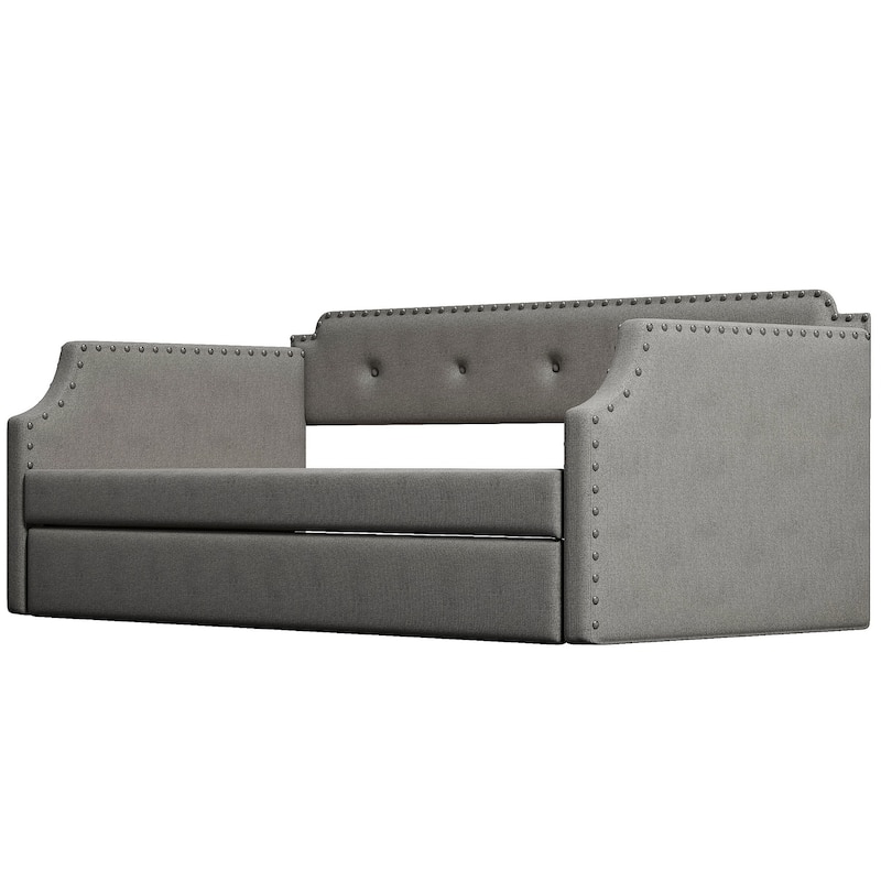 Upholstered Daybed With Trundle, Wood Slat Support,Upholstered Frame Sofa Bed