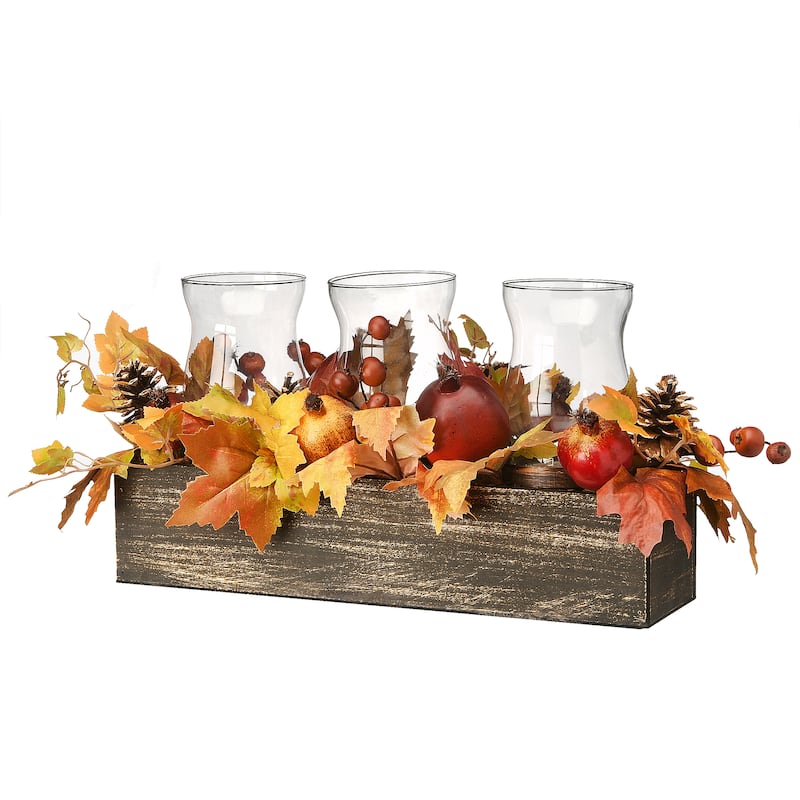 National Tree Company Artificial Autumn Centerpiece with Maple Leaves, Pomegranates, Pine Cones, Holds Three Candles, 24 Inches