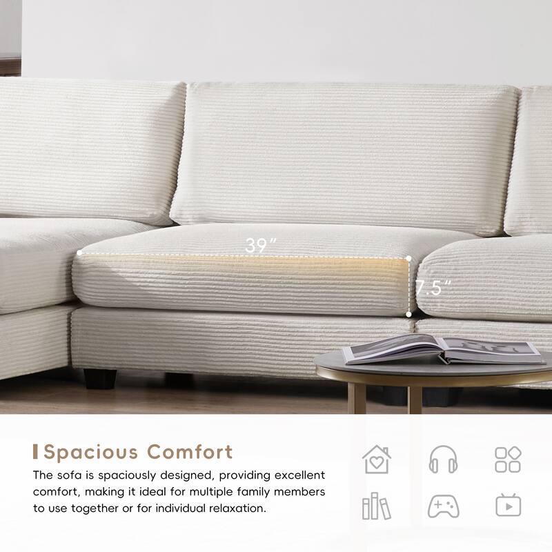 Corduroy Sectional Sofa with Chaise, USB Ports, Cup Holders - Comfy Living Room Furniture