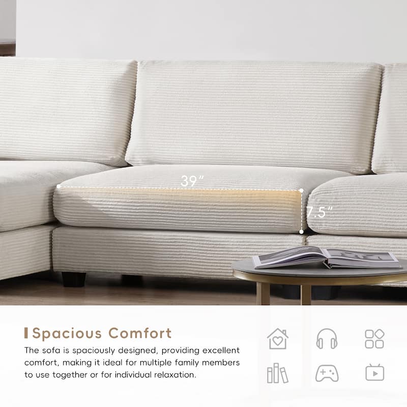 Oversized Corduroy Sectional Sofa,L-Shaped Cloud Couch with USB Charging Port,Cup Holder