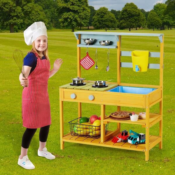 slide 2 of 12, GIMMYFIVE Wooden Play Kitchen,Indoor Outdoor Pretend Mud Kitchen Set for Toddler with Removable Sink & Faucet Kitchens
