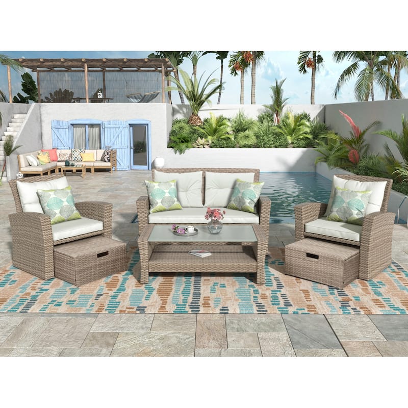 4 Piece Wicker Patio Conversation Furniture Set, All Weather Outdoor Rattan Sectional Sofa with 2 Ottomans and Coffee Table
