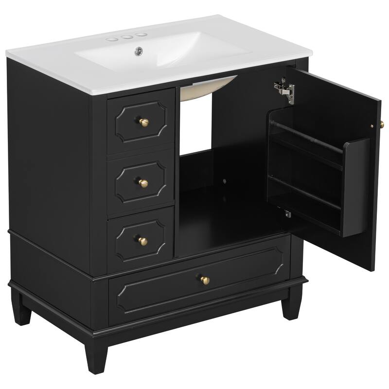 30" Bathroom Vanity With Sink, Freestanding Vanity Cabinet With Ceramic Basin, 3 Drawers, Storage Shelves Included
