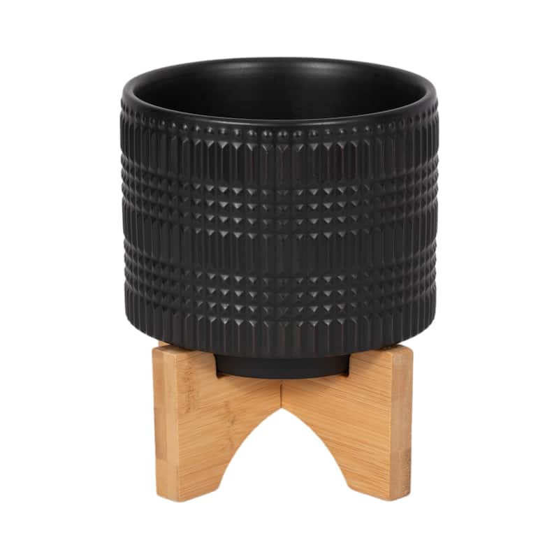 Black Ceramic Planter on Bamboo Stand Contemporary Embossed Tribal Design For Indoor or Outdoor Plants, Succulents,