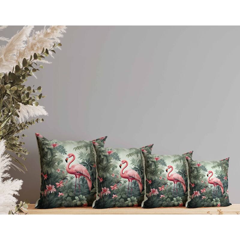 Tropical Flamingo Haven Faux Suede Reversible Throw Pillow Green and Pink