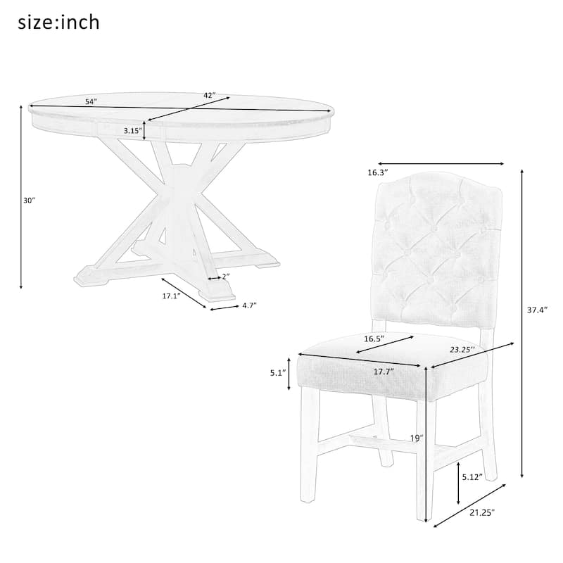 5 Piece Wood Extendable Round Dining Table Set Removable Leaf, Button-Tufted Backs Upholstered Chairs, X-Base Design