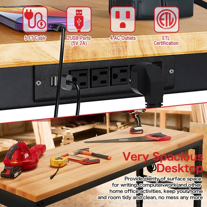Adjustable Work Bench Wood Top Garage Workbench with Power Outlet