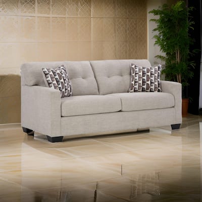 Joey 75 Inch Sofa with 2 Accent Throw Pillows, Tufted Back, Gray Polyester