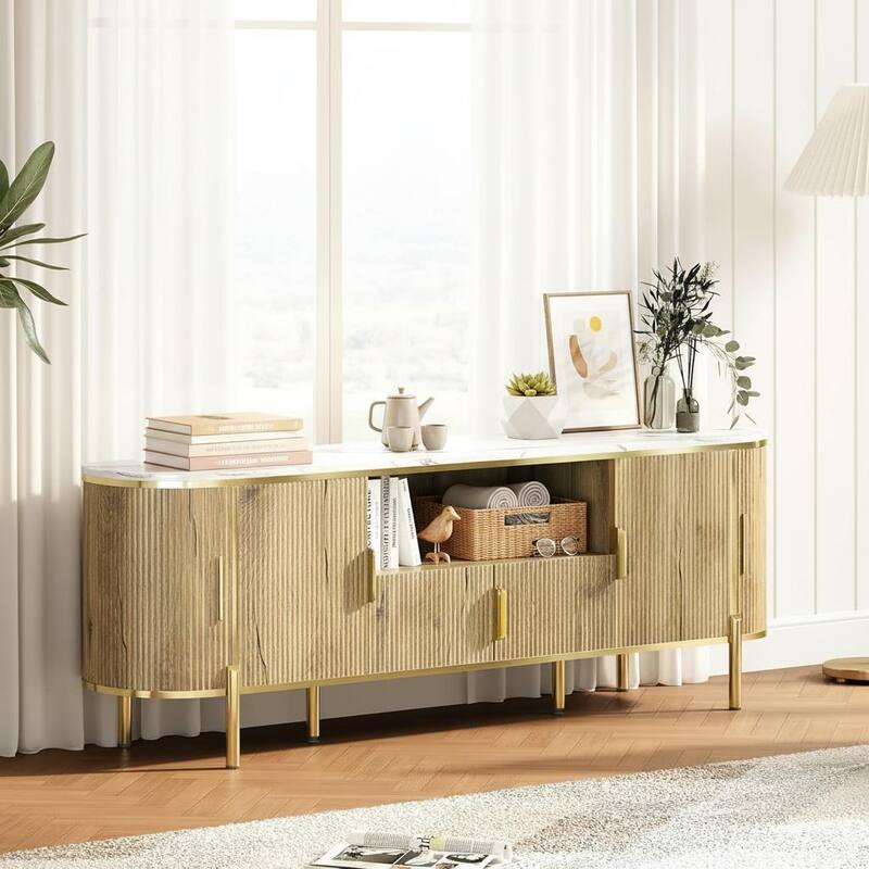 Fluted TV Stand, with Faux Marble Top - Natural Oak