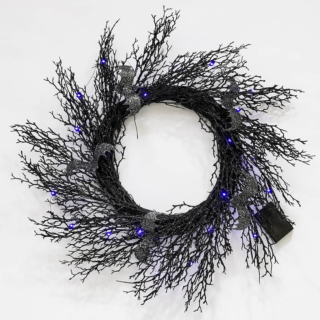 23" Spooky Halloween Lighted Bat Twig Wreath on Black Natural Twig Base