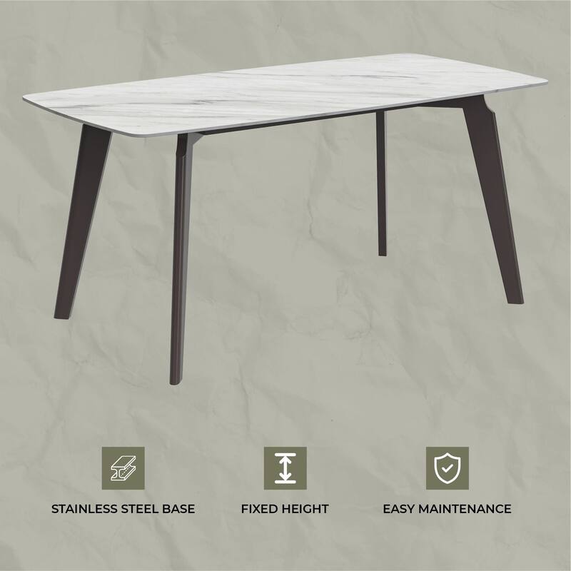 Krevor Modern Dining Table with Rectangular Sintered Stone or Glass Wide Tabletop and Black Steel Base