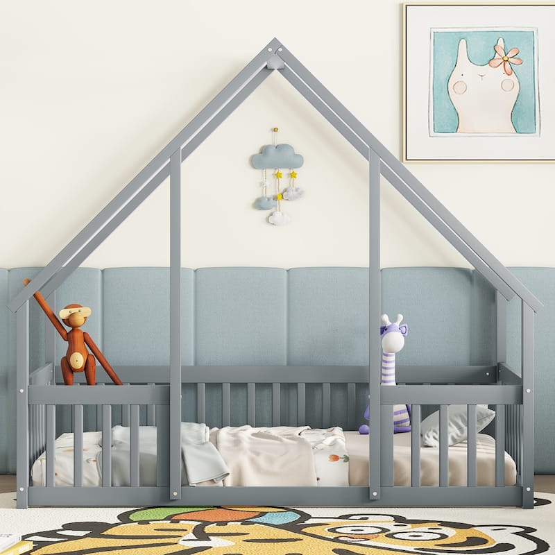 Twin Wood House-Shaped Floor Bed with Fence, Guardrails, White