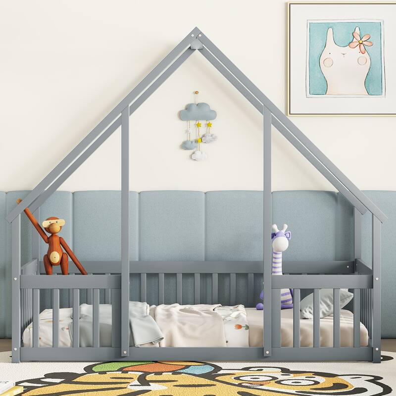 Twin Wood House-Shaped Floor Bed with Fence, Guardrails for Small Space, Living Room, Bedroom, Apartment