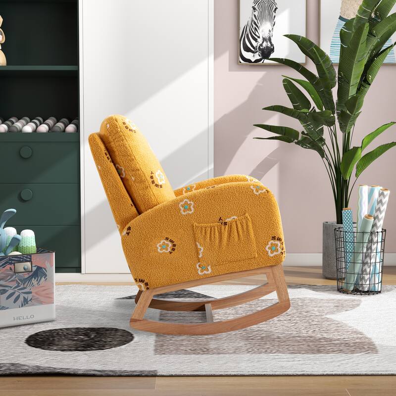 Modern Upholstered Rocker Armchair With Side Pocket, High Back Wooden Nursery Chair