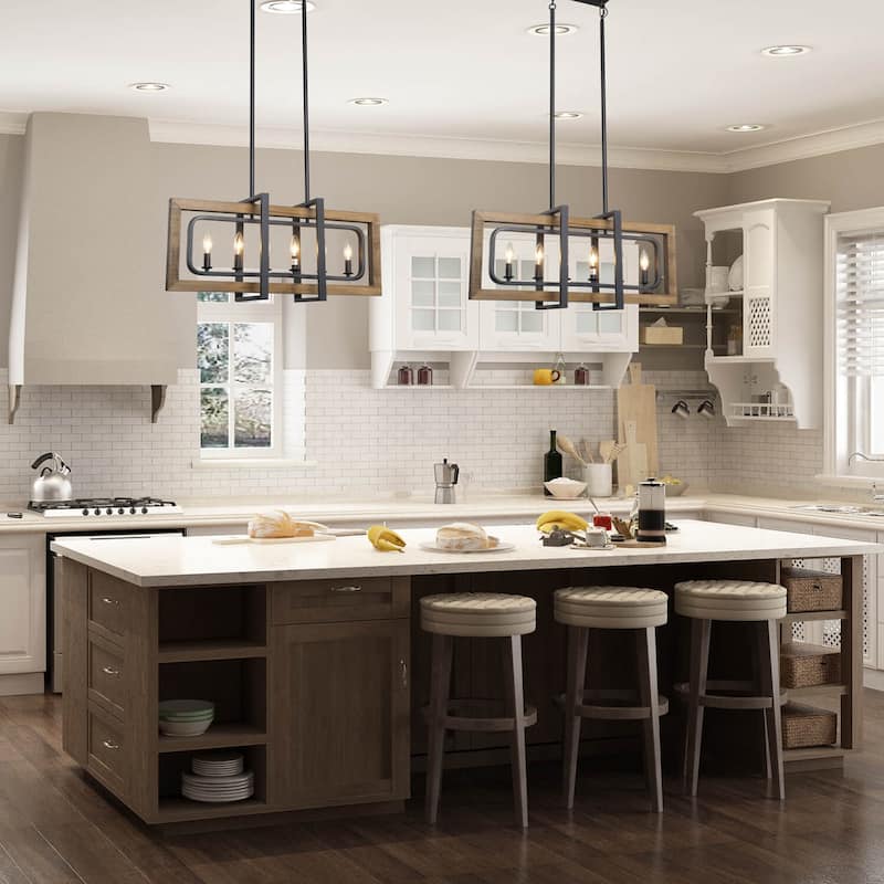 Modern Farmhouse 6-Light Wood Chandelier Rectangle Island Lights for Dining Room - W31.5" X E8.7" X H13.8"