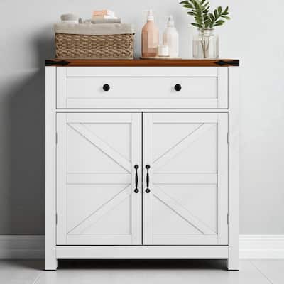Farmhouse Storage Cabinet with Drawer & Adjustable Shelf, White Kitchen Cabinet with Walnut Top, Coffee Bar Console