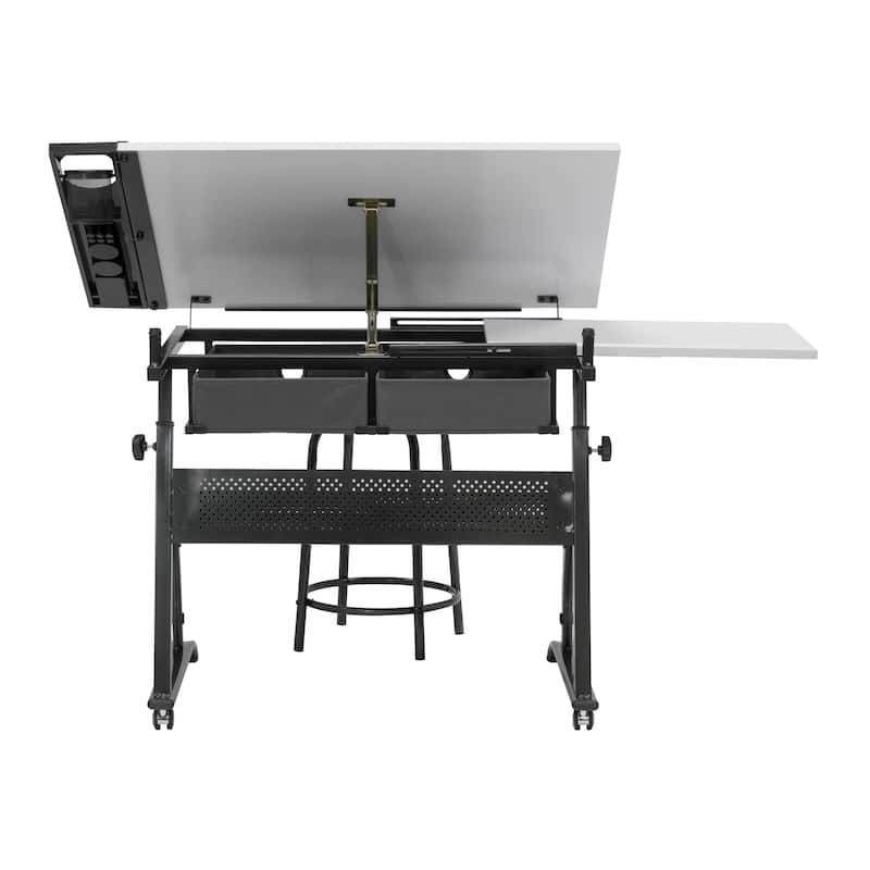 Core Craft Center, 2 piece Drawing, Drafting and Craft Table with Stool, Gunmetal-Gray/White