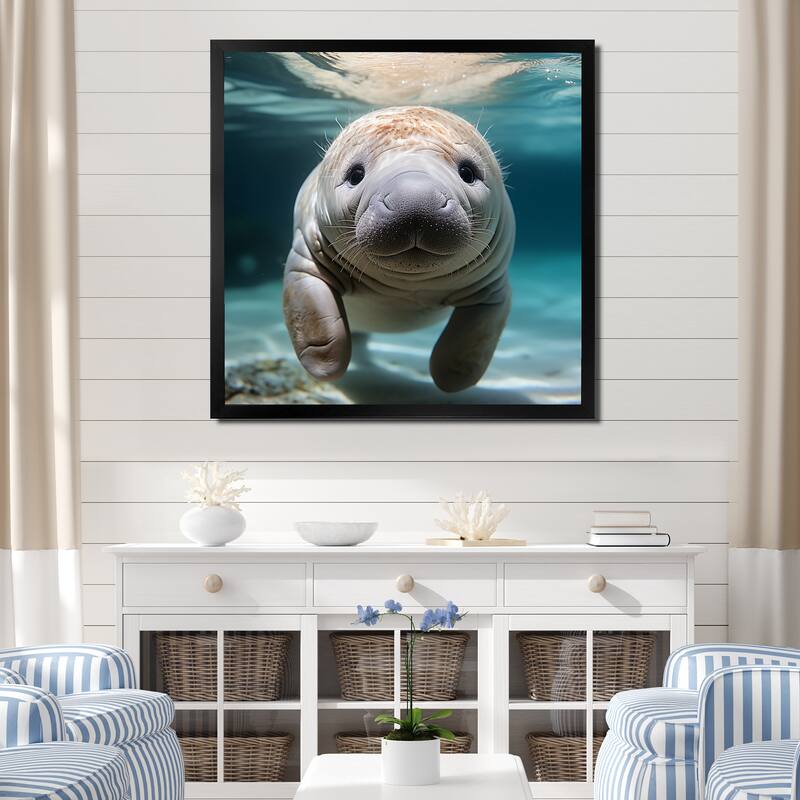 Designart "Curious Manatee Gaze III" Manatee Wall Decor Blue Modern Entryway Framed Wall Art - 36 in. wide x 36 in. high - Black