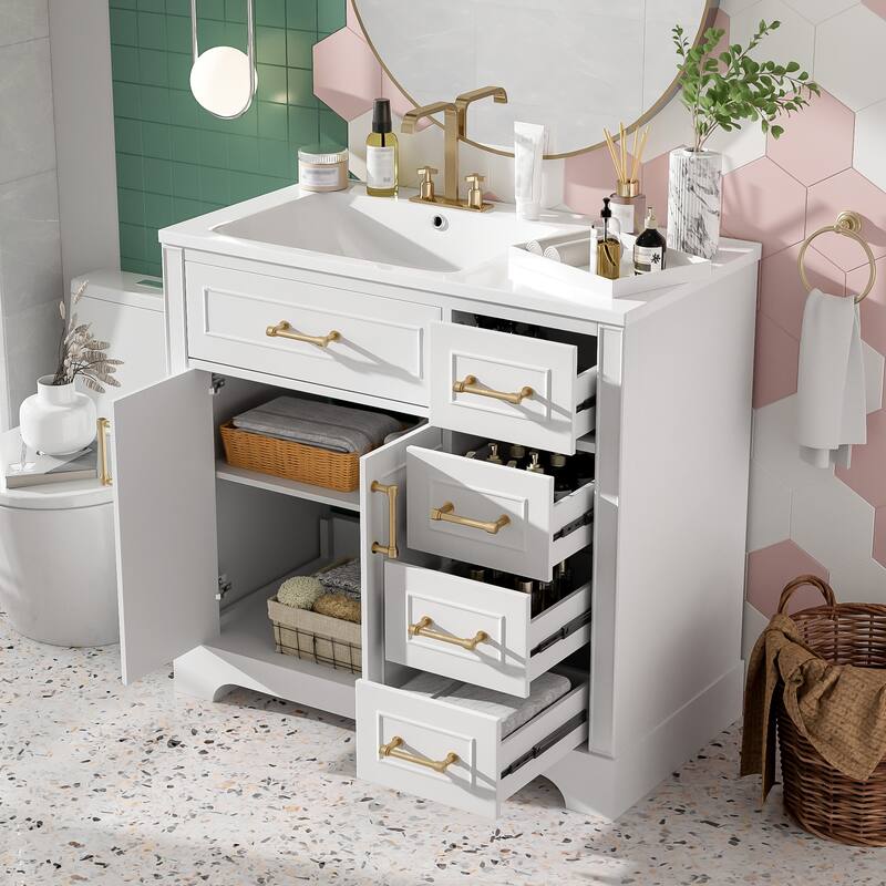 Bathroom Vanity with Ceramic Sink, Bathroom Vanities with Adjustable Shelf, Storage Cabinet with Soft-Close Doors and Drawers