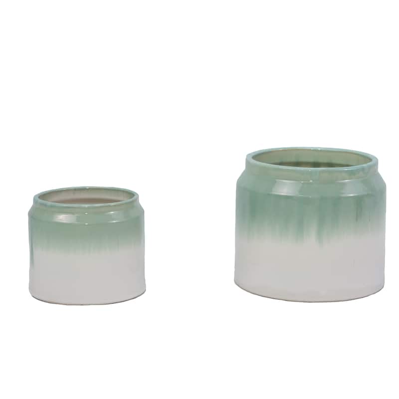 Set of 2 Gradient Ceramic Flowerpot, Modern Planter for Patio, Garden, Windowsill - White+Green