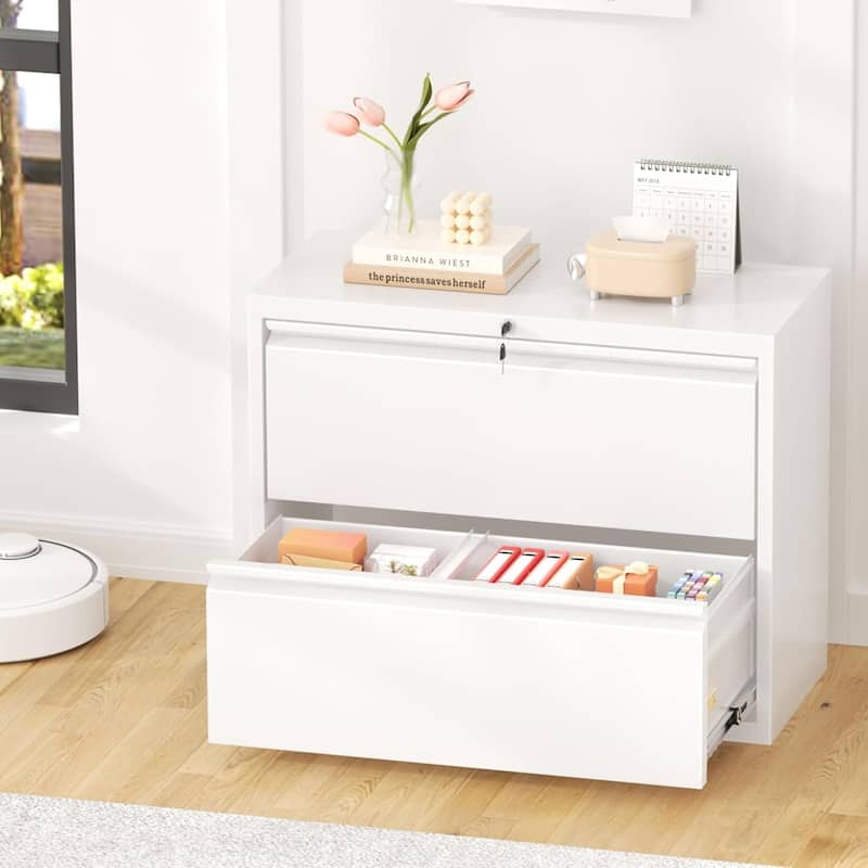 2 Drawer Lateral File Cabinet, Lockable Office Filling Cabinet - White